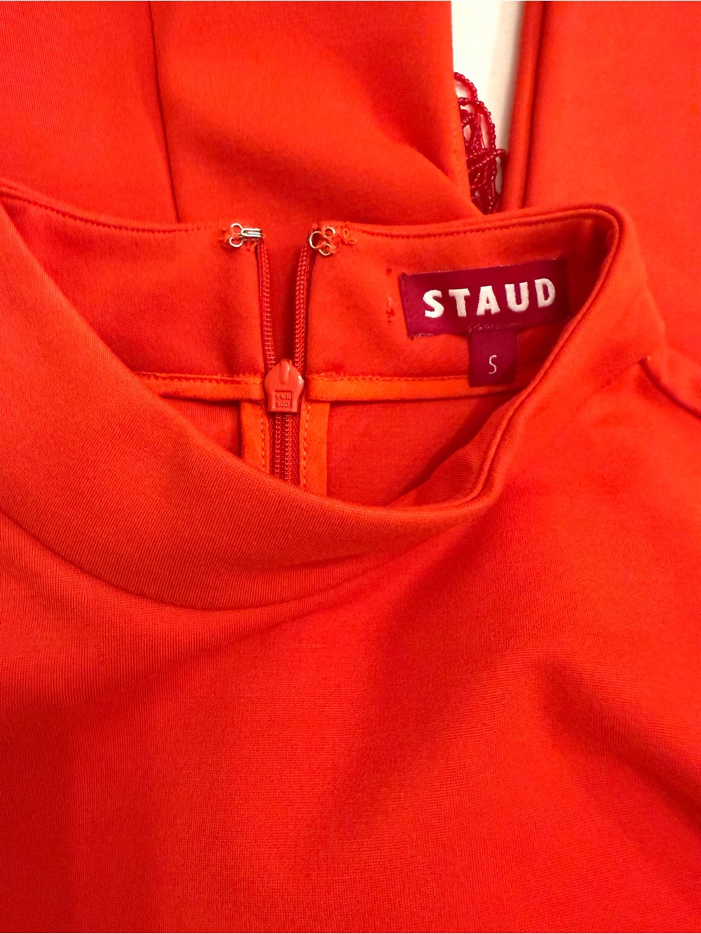 STAUD Mini Kirsten Dress in Fire Red Long-Sleeve with Fringe Cutouts Size Small - Picture 5 of 15